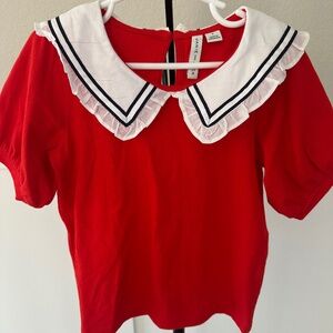 Janie and Jack Girls' Sailor Collar Top Moto Red  Size 6 Collar Trimmed Ruffles